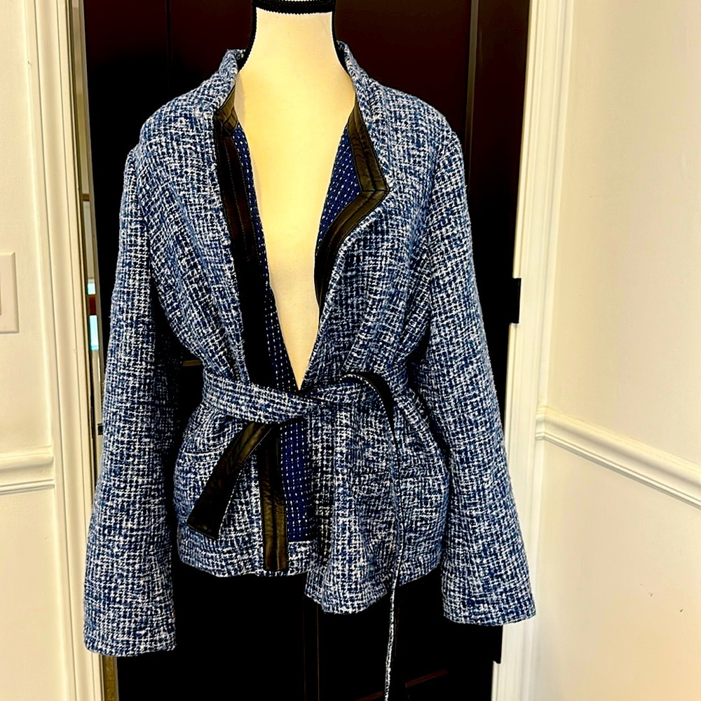 Size 14 blue tweed with leather piping banana Republic jacket